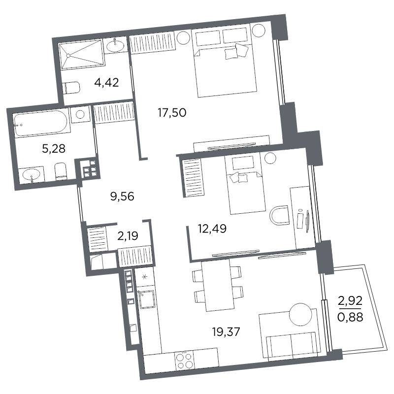 3-комнатная (Евро) квартира, 71.69 м² в ЖК "Акватория" - планировка, фото №1