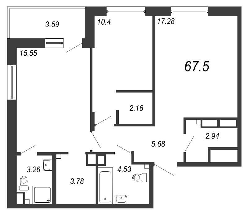 3-комнатная (Евро) квартира, 68.5 м² - планировка, фото №1