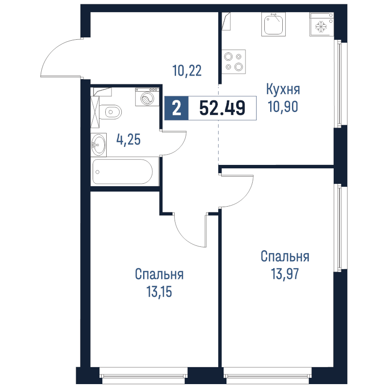 2-комнатная квартира, 52.49 м² в ЖК "Максималист" - планировка, фото №1