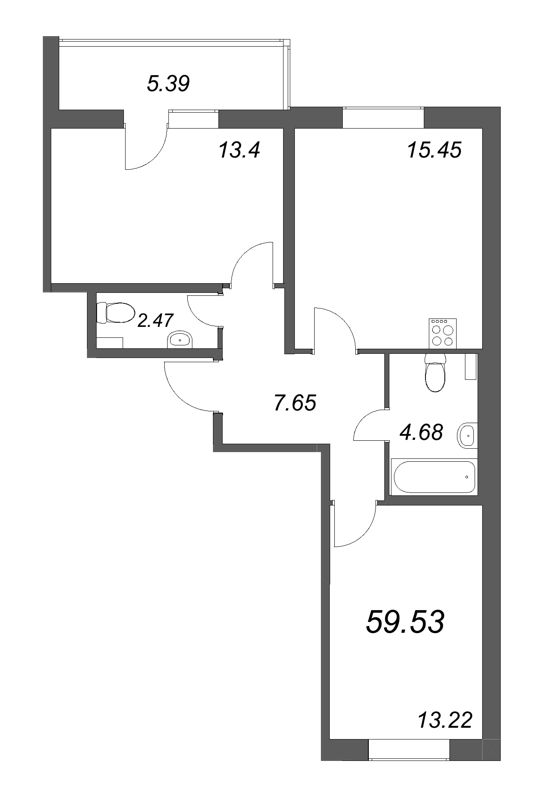 3-комнатная (Евро) квартира, 59.53 м² - планировка, фото №1