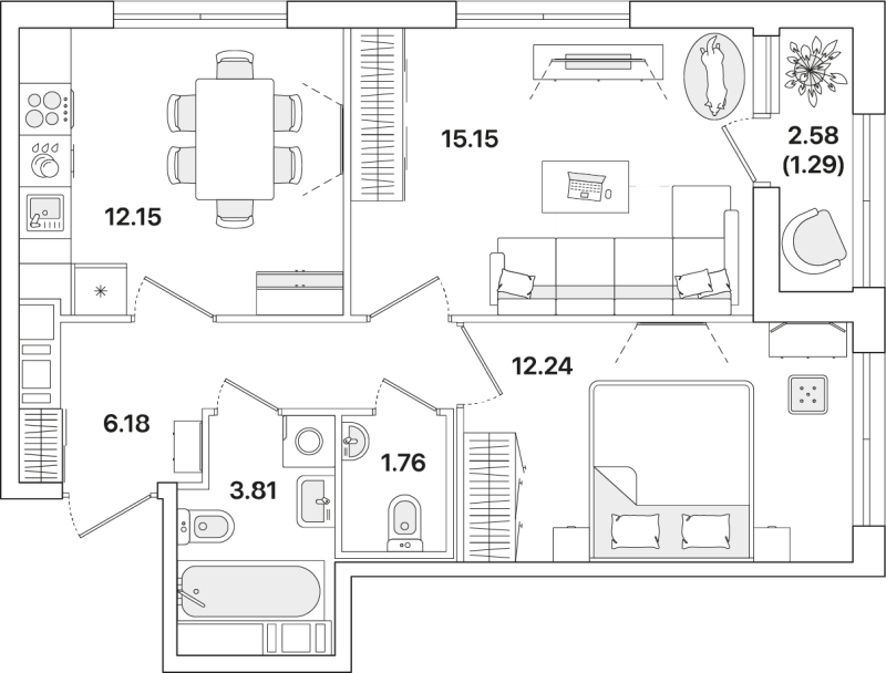2-комнатная квартира, 52.58 м² - планировка, фото №1