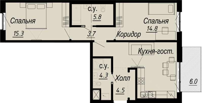 3-комнатная (Евро) квартира, 71.5 м² - планировка, фото №1