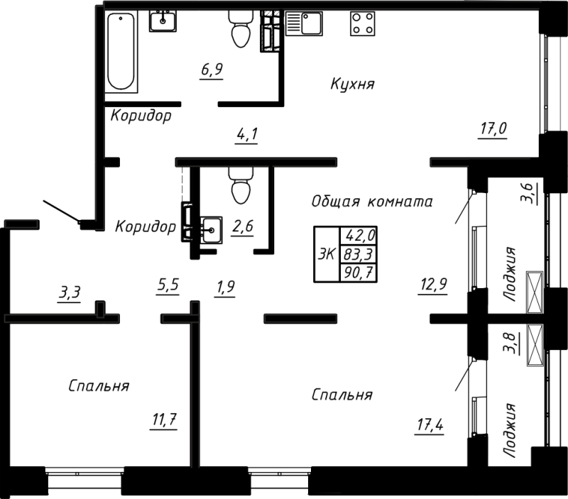 4-комнатная (Евро) квартира, 90.7 м² в ЖК "Сибирь" - планировка, фото №1