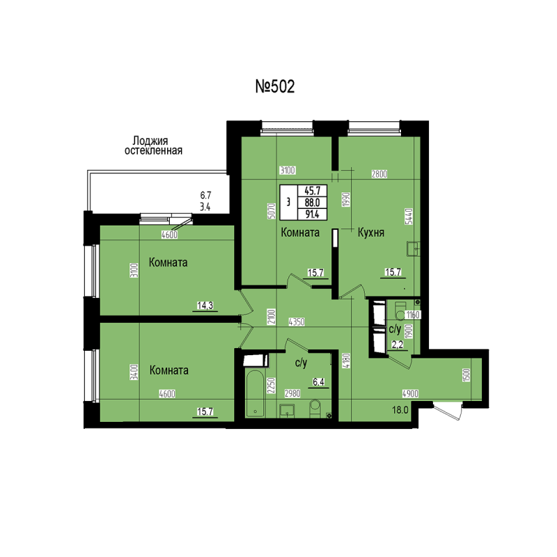 4-комнатная (Евро) квартира, 91.4 м² в ЖК "ПРАГМА СИТИ" - планировка, фото №1