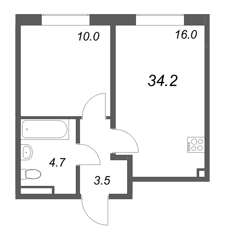 2-комнатная (Евро) квартира, 34.2 м² в ЖК "Пулково Lake" - планировка, фото №1
