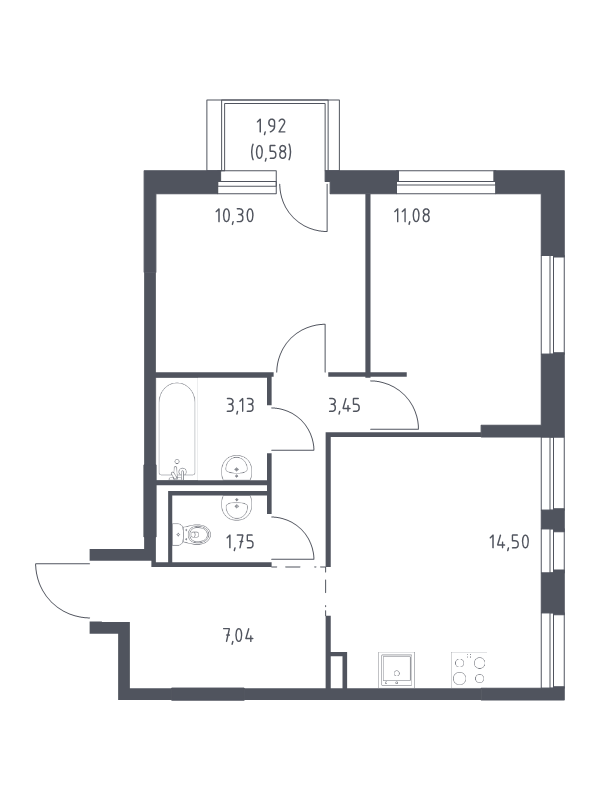 2-комнатная квартира, 51.83 м² - планировка, фото №1