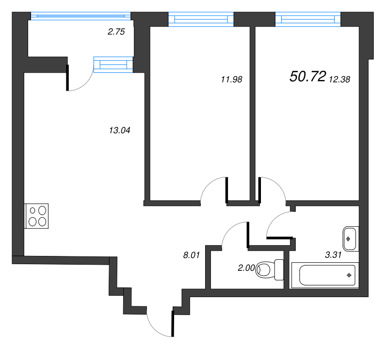 3-комнатная (Евро) квартира, 53.47 м² - планировка, фото №1