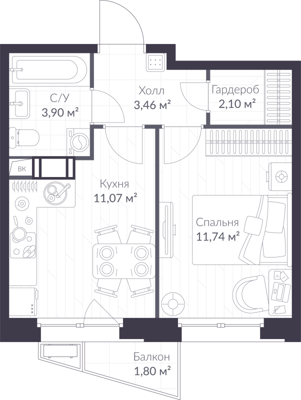 1-комнатная квартира, 32.81 м² в ЖК "ВЕРЕН НОРТ сертолово" - планировка, фото №1