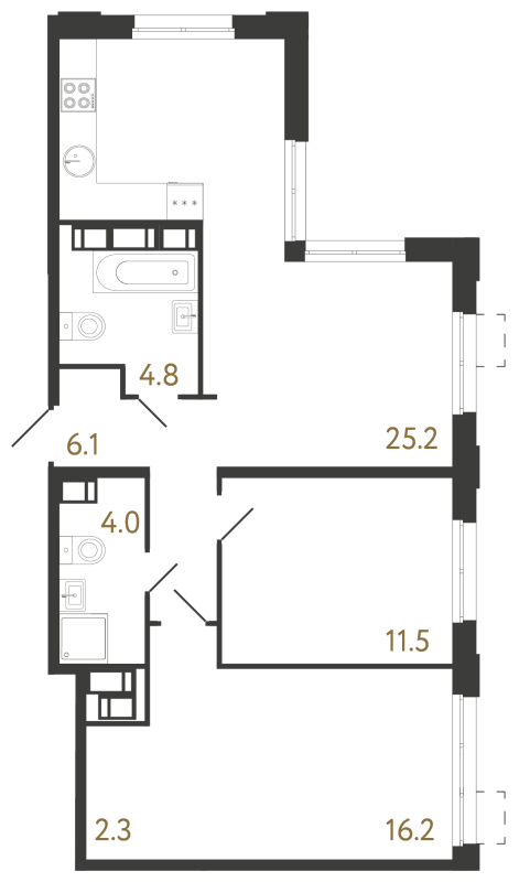 3-комнатная (Евро) квартира, 70.1 м² в ЖК "Струны" - планировка, фото №1