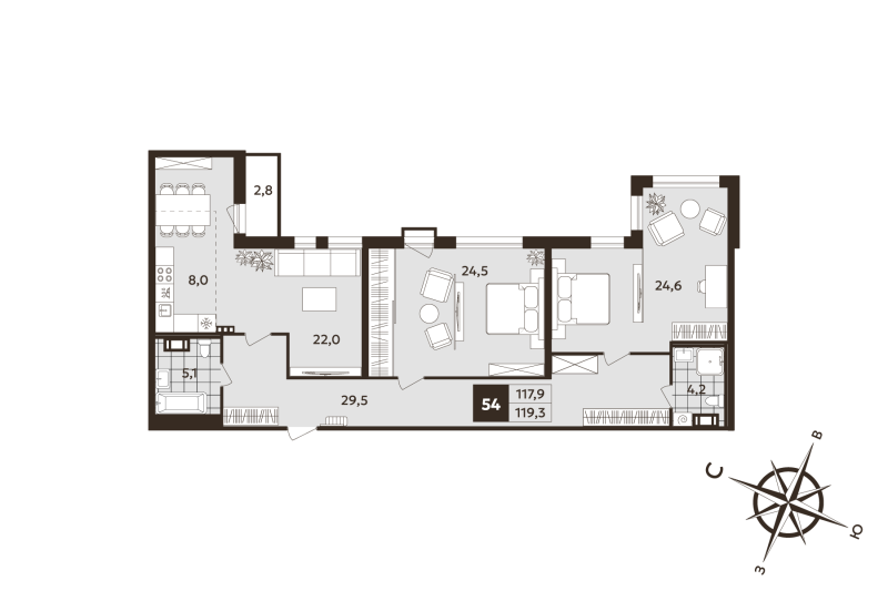 3-комнатная (Евро) квартира, 117.9 м² в ЖК "Дом на Бронницкой" - планировка, фото №1