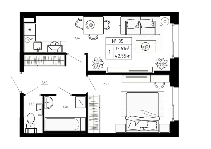 2-комнатная (Евро) квартира, 42.55 м² - планировка, фото №1