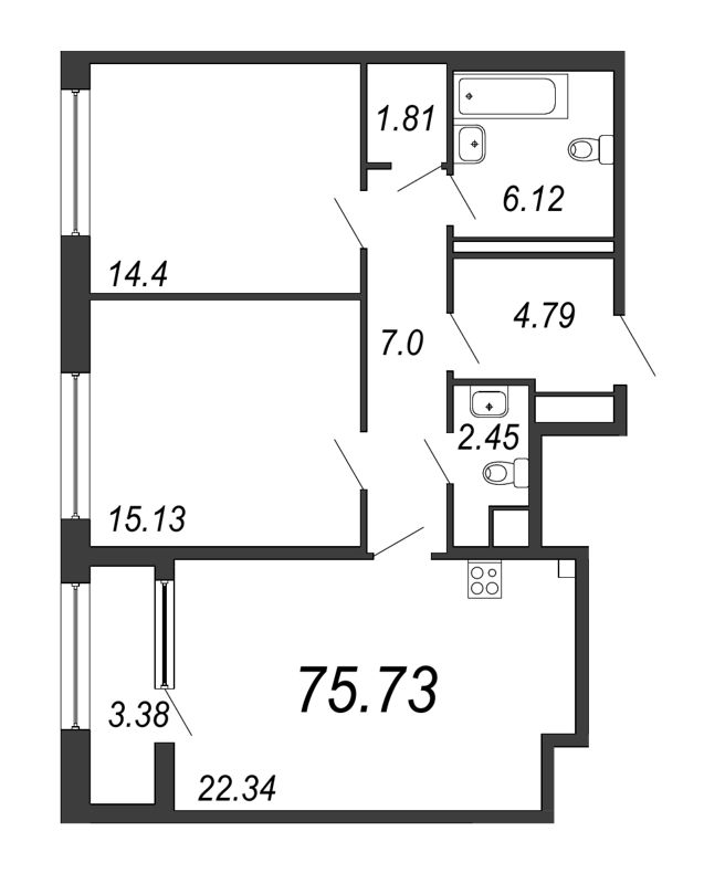 3-комнатная (Евро) квартира, 75.73 м² - планировка, фото №1