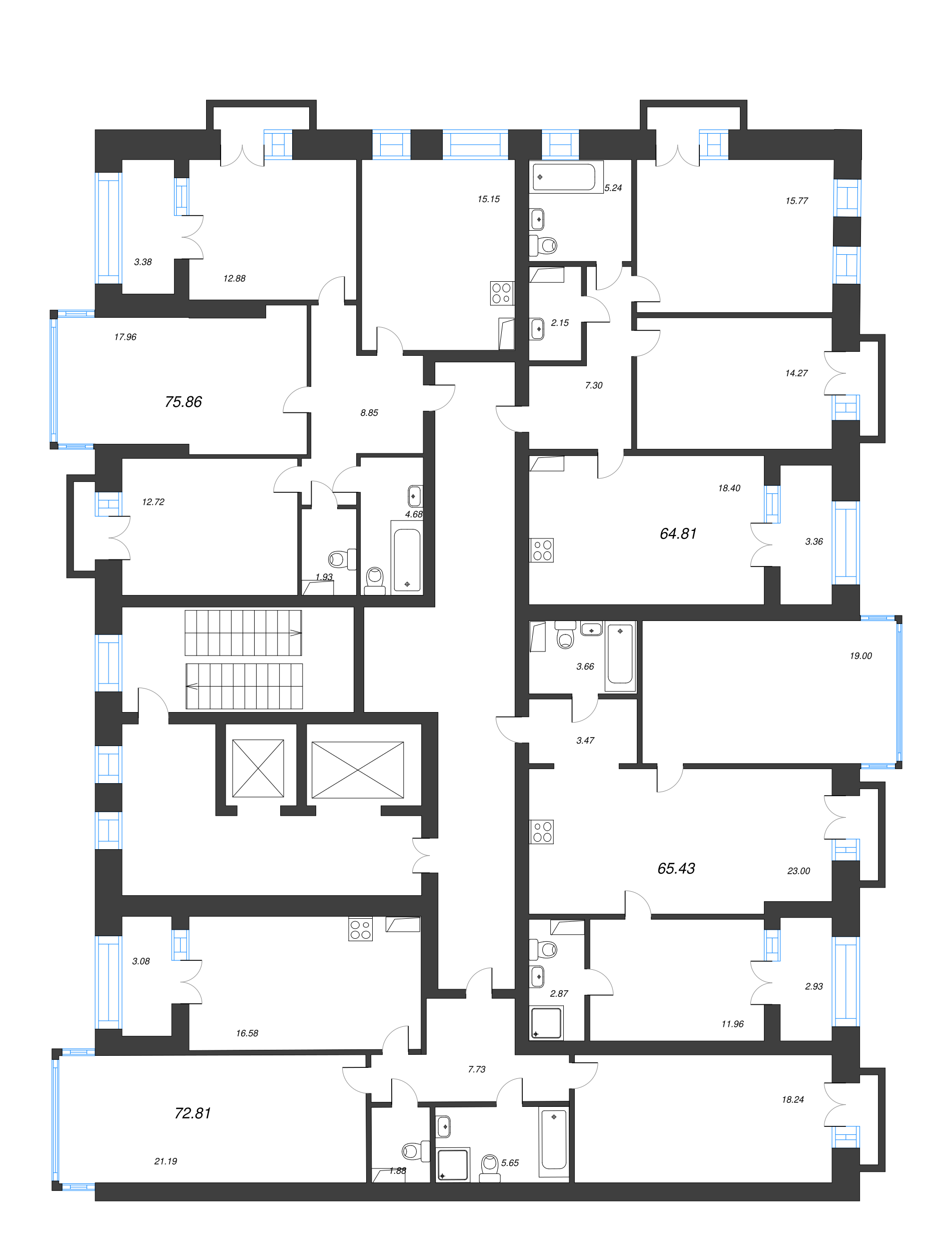 3-комнатная (Евро) квартира, 76.6 м² - планировка этажа