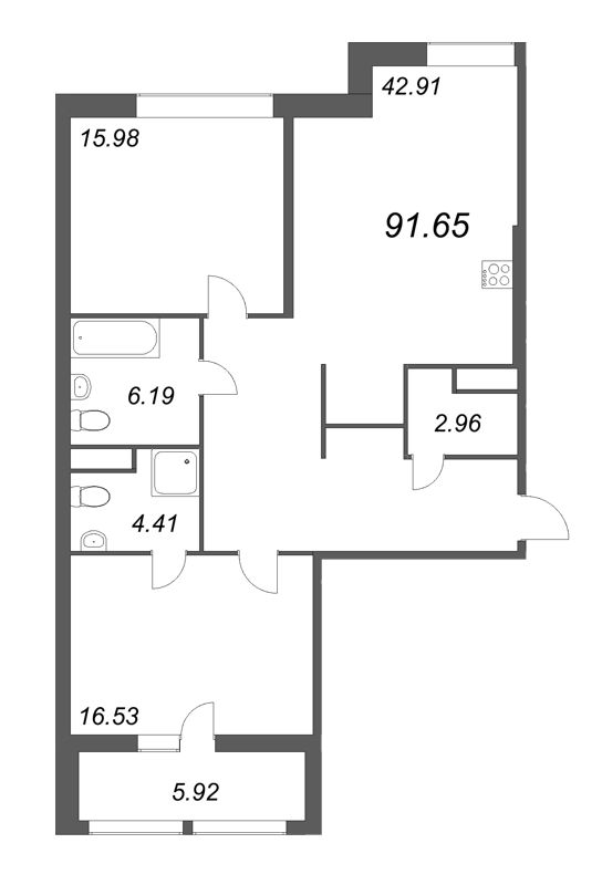 3-комнатная (Евро) квартира, 91.65 м² - планировка, фото №1