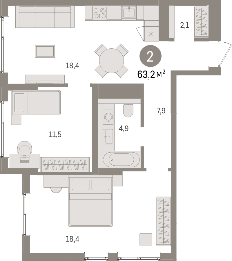 3-комнатная (Евро) квартира, 63.2 м² в ЖК "Брусника в Новоселье" - планировка, фото №1