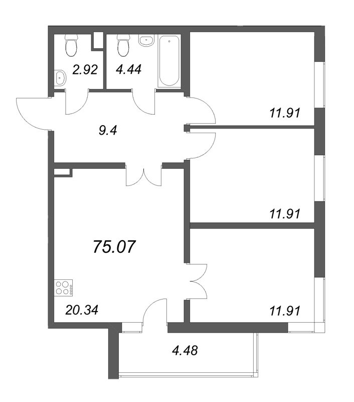 4-комнатная (Евро) квартира, 75.07 м² в ЖК "Новая история" - планировка, фото №1