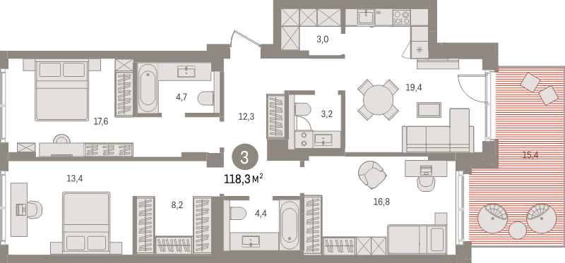 4-комнатная (Евро) квартира, 118.3 м² в ЖК "Брусника в Новоселье" - планировка, фото №1