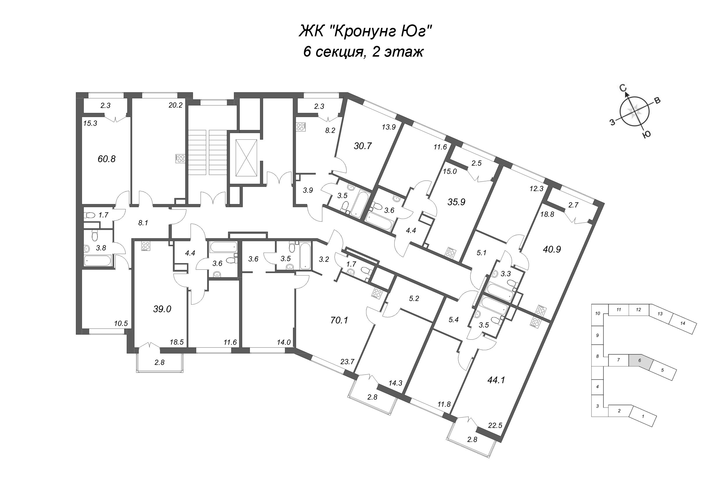 1-комнатная квартира, 30.7 м² в ЖК "Кронунг ЮГ" - планировка этажа