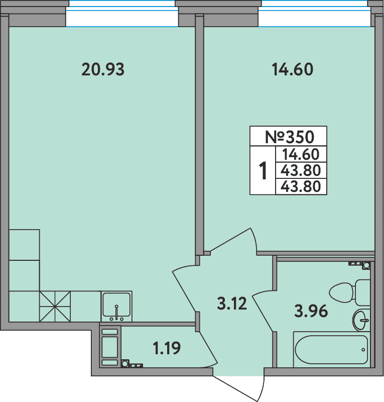 2-комнатная (Евро) квартира, 43.8 м² - планировка, фото №1