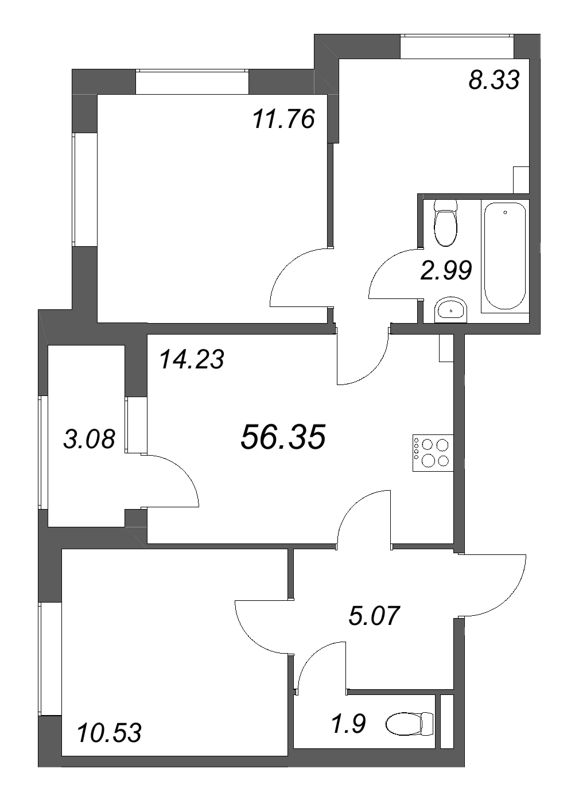3-комнатная квартира, 56.35 м² в ЖК "Гранат" - планировка, фото №1