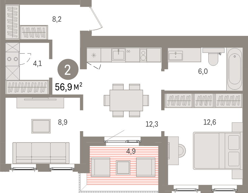 2-комнатная квартира, 56.9 м² в ЖК "Брусника в Новоселье" - планировка, фото №1