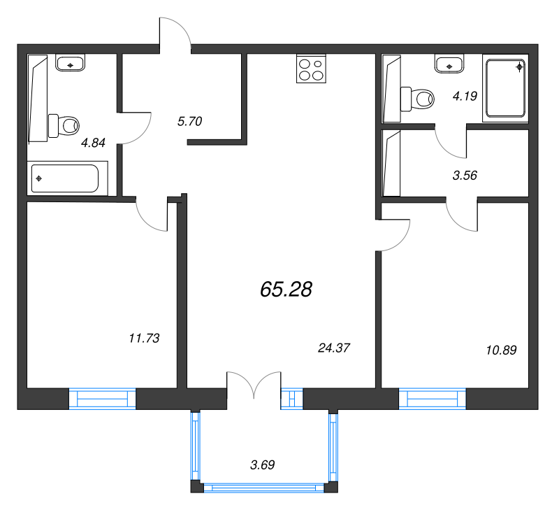 3-комнатная (Евро) квартира, 65.28 м² - планировка, фото №1
