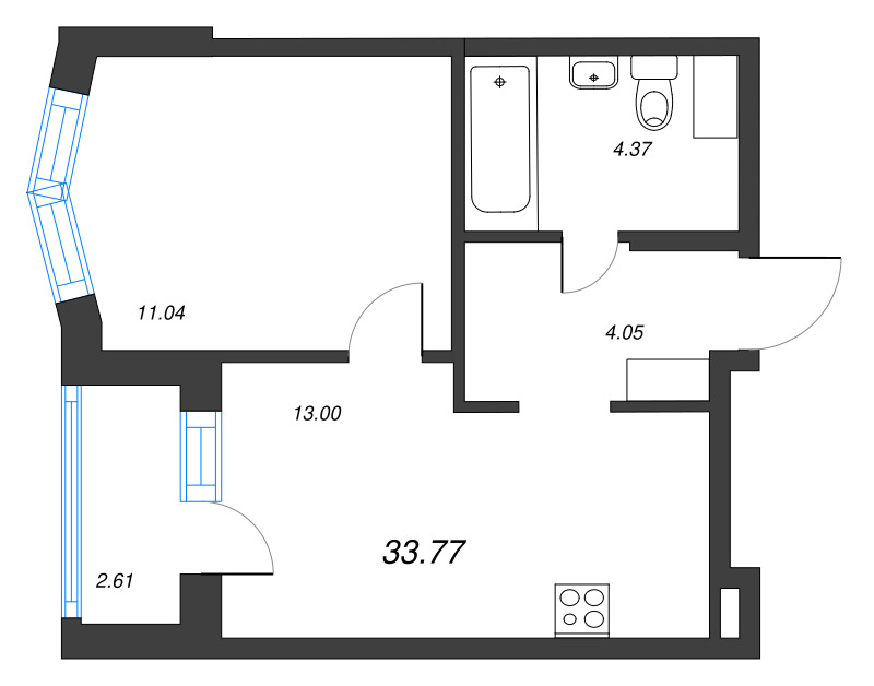 1-комнатная квартира, 33.77 м² - планировка, фото №1