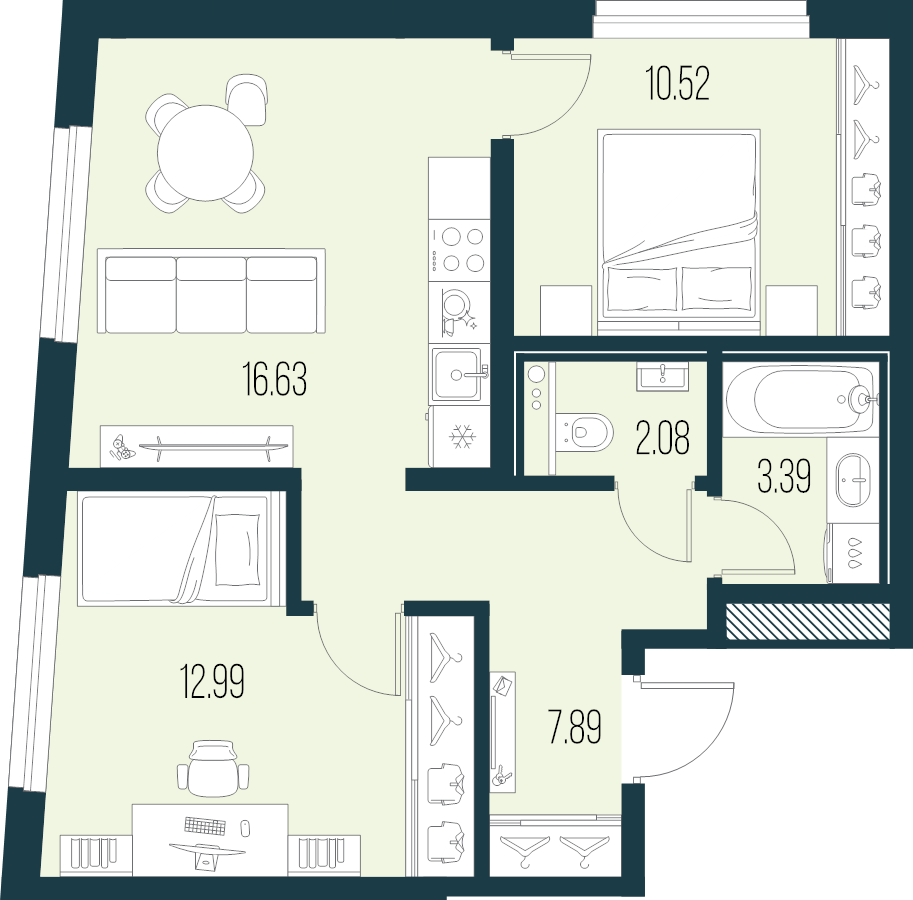 3-комнатная (Евро) квартира, 53.5 м² в ЖК "Новая Земля" - планировка, фото №1