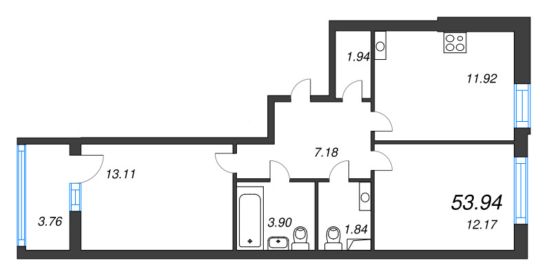 2-комнатная квартира, 53.94 м² в ЖК "Cube" - планировка, фото №1