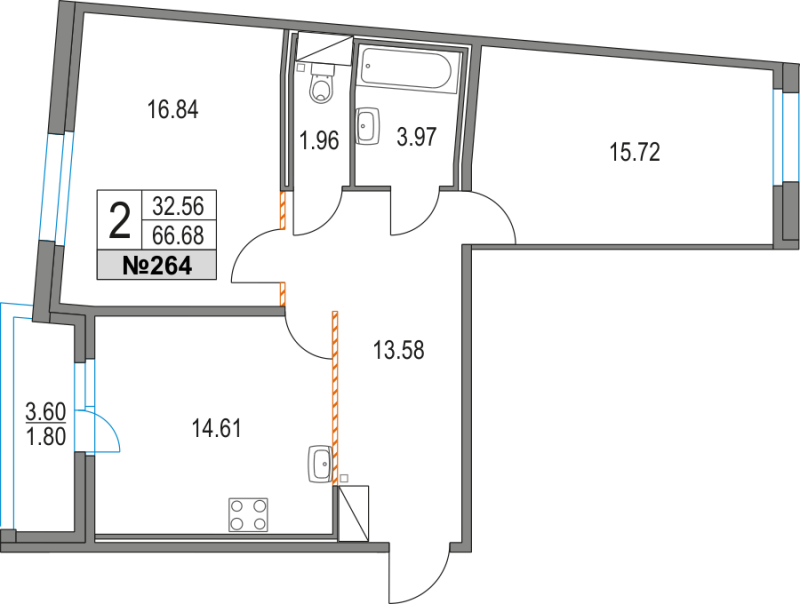 2-комнатная квартира, 66.68 м² - планировка, фото №1