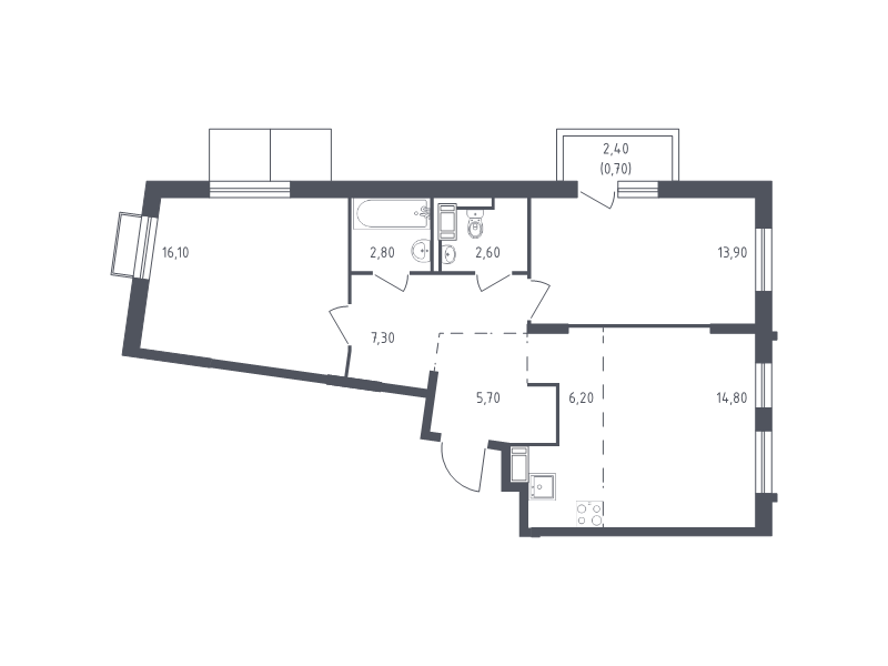 3-комнатная (Евро) квартира, 70.1 м² в ЖК "Курортный Квартал" - планировка, фото №1