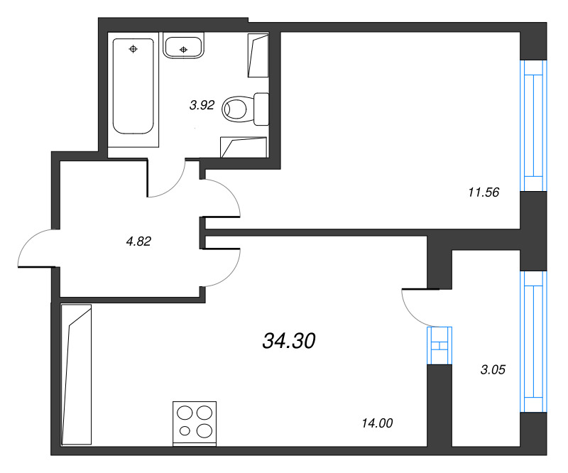 2-комнатная (Евро) квартира, 34.3 м² в ЖК "Б15" - планировка, фото №1