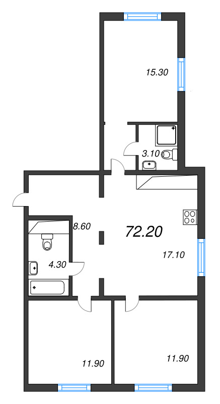 4-комнатная (Евро) квартира, 72.2 м² в ЖК "Дыбенко Парк" - планировка, фото №2