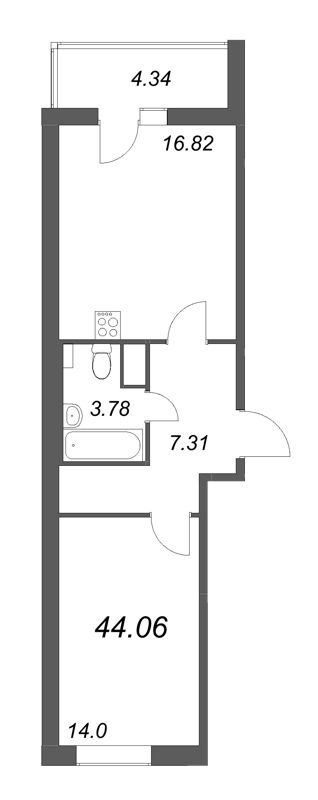 2-комнатная (Евро) квартира, 44.06 м² - планировка, фото №1
