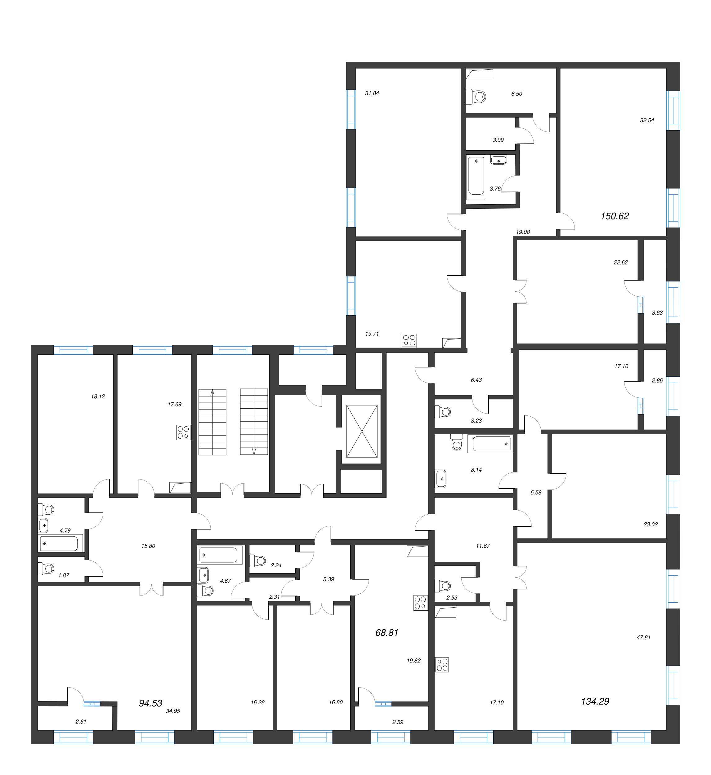 3-комнатная (Евро) квартира, 69.1 м² - планировка этажа