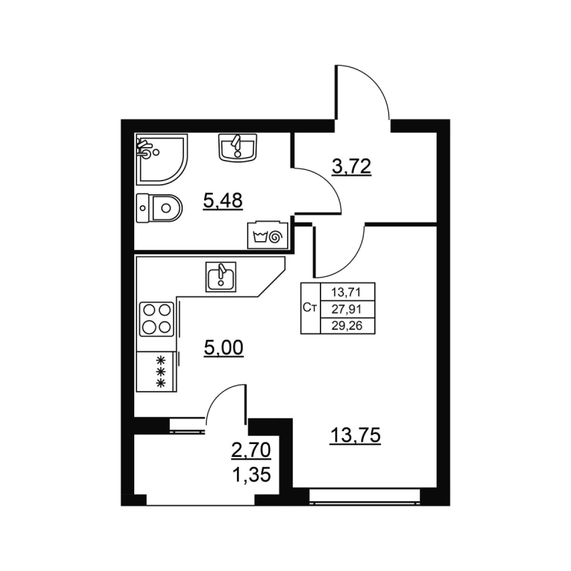 Квартира-студия, 29.26 м² в ЖК "Высота. Новодевяткино" - планировка, фото №1