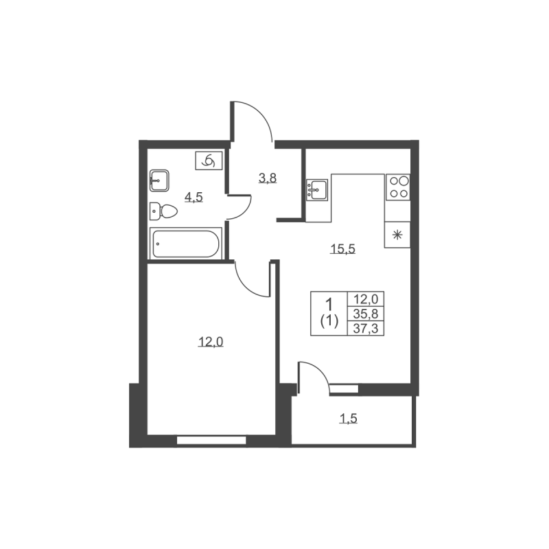 2-комнатная (Евро) квартира, 37.3 м² в ЖК "Ермак" - планировка, фото №1