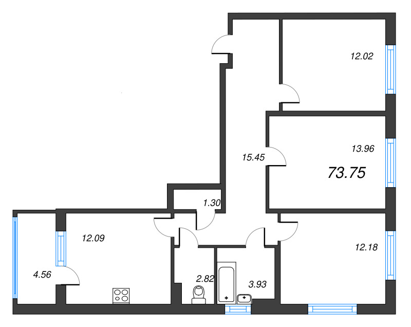 3-комнатная квартира, 73.75 м² - планировка, фото №1