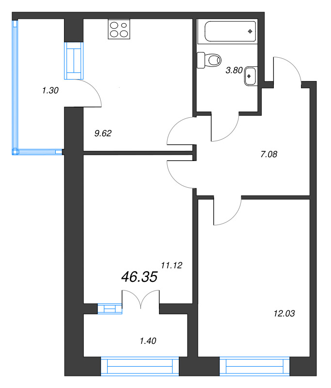2-комнатная квартира, 46.35 м² в ЖК "Капральский берег" - планировка, фото №1