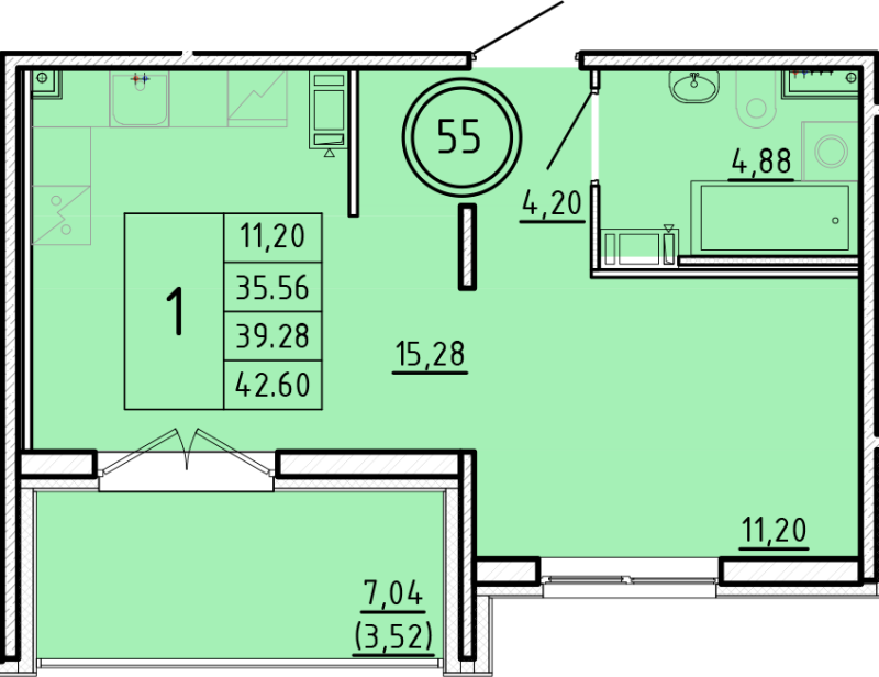 2-комнатная (Евро) квартира, 35.56 м² в ЖК "Образцовый квартал 16" - планировка, фото №1
