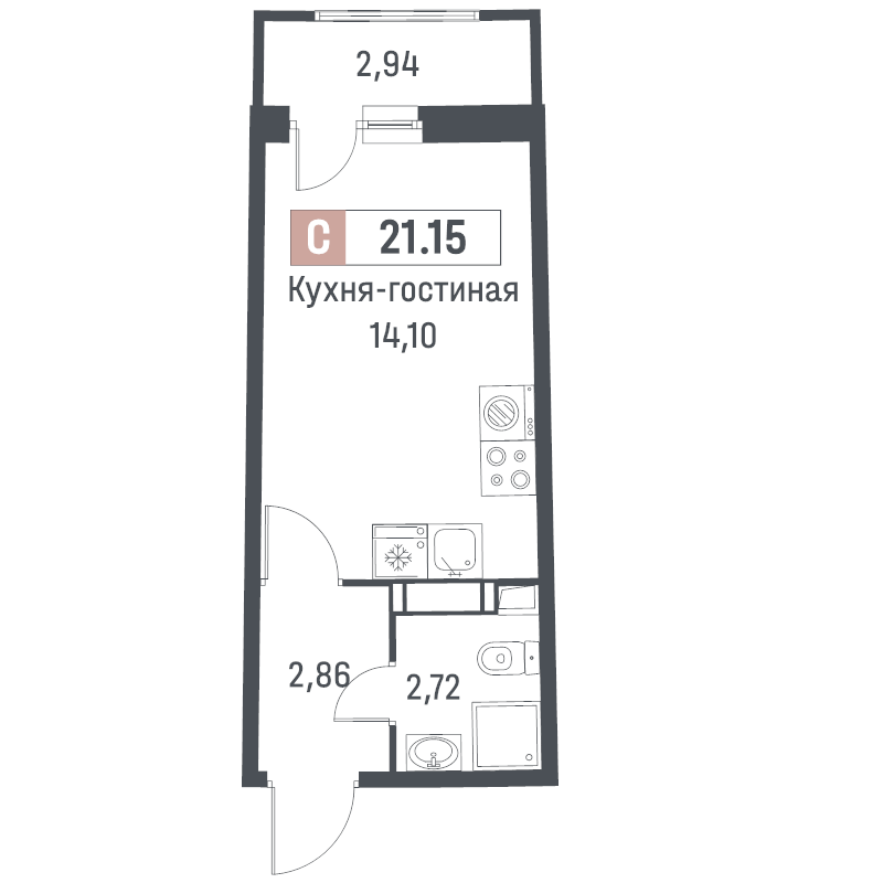 Квартира-студия, 21.15 м² в ЖК "Авиатор" - планировка, фото №1