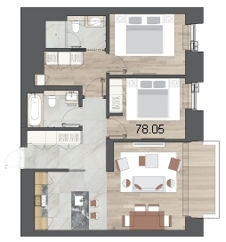 2-комнатная квартира, 78 м² в ЖК "One Trinity Place" - планировка, фото №1