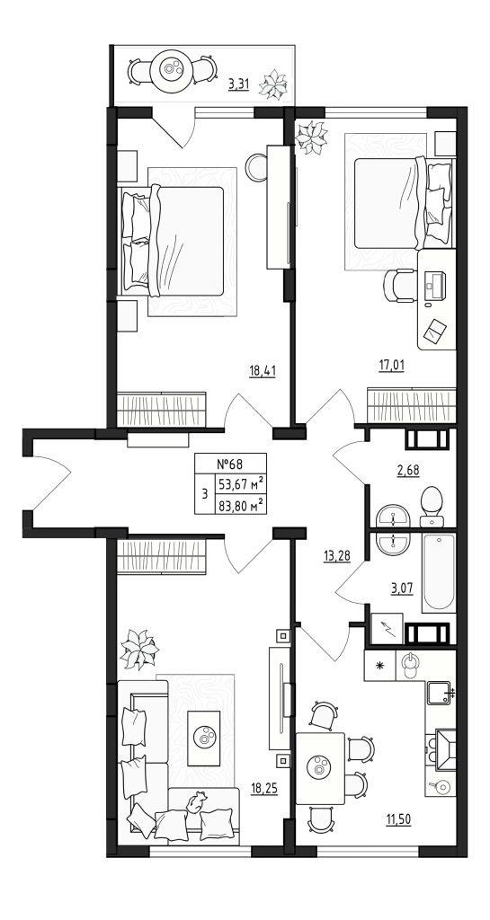 3-комнатная квартира, 84.9 м² в ЖК "Верево Сити" - планировка, фото №1