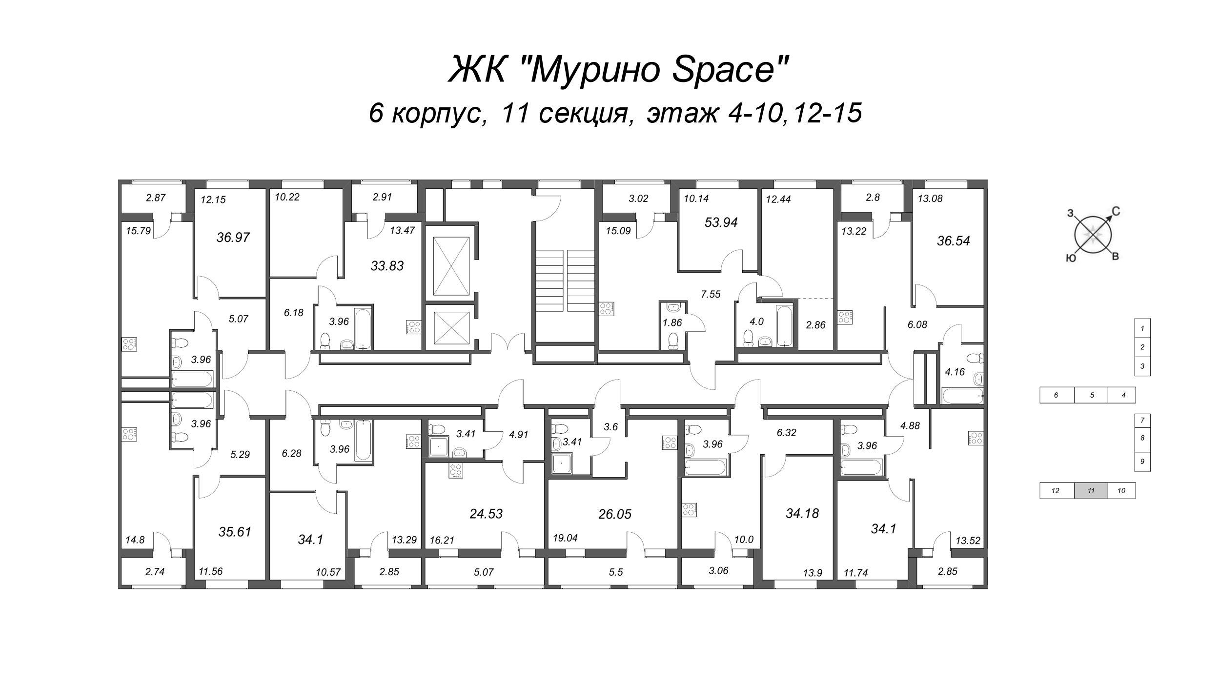 3-комнатная (Евро) квартира, 53.94 м² в ЖК "Мурино Space" - планировка этажа
