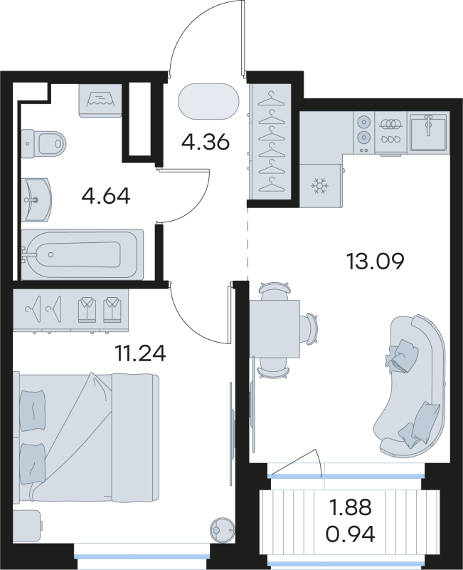 1-комнатная квартира, 34.27 м² в ЖК "GloraX Новоселье" - планировка, фото №1