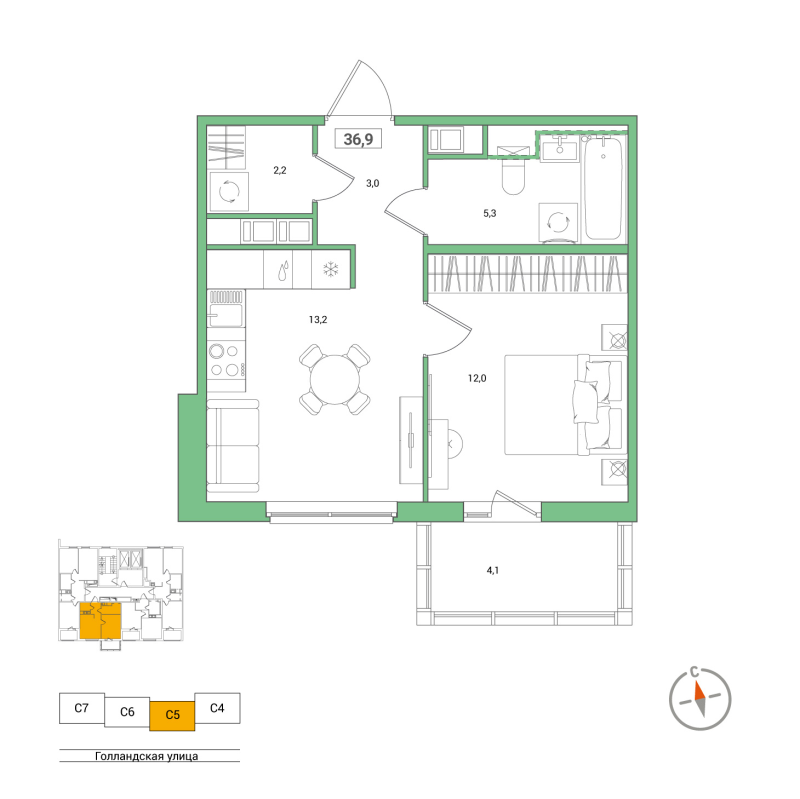 1-комнатная квартира, 36.9 м² - планировка, фото №1