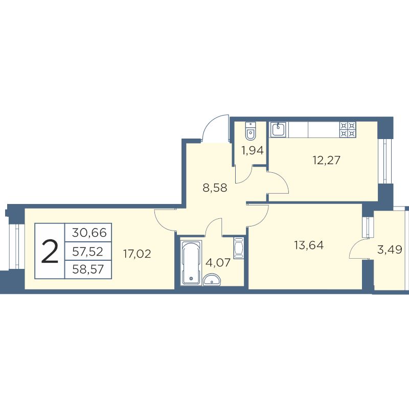 2-комнатная квартира, 58.57 м² - планировка, фото №1