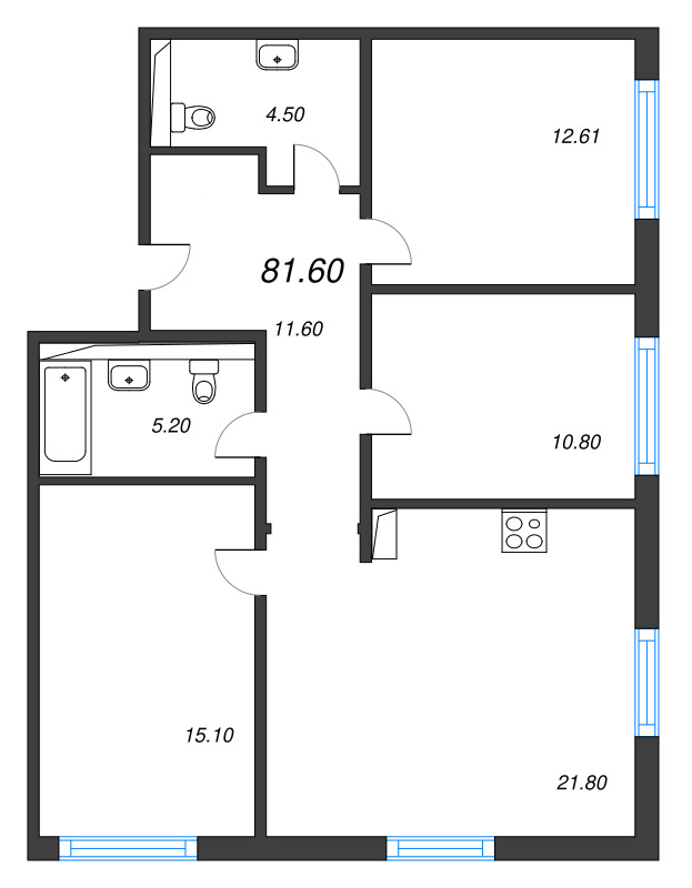 4-комнатная (Евро) квартира, 81.6 м² в ЖК "Руднева 15" - планировка, фото №1