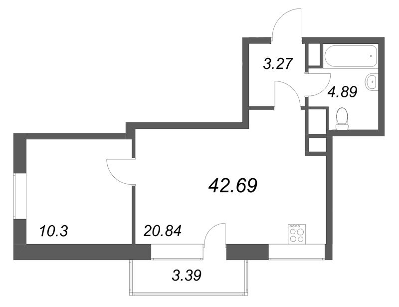 2-комнатная (Евро) квартира, 42.69 м² в ЖК "Соло. Петергоф" - планировка, фото №1