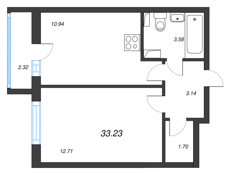 1-комнатная квартира, 33.23 м² - планировка, фото №1